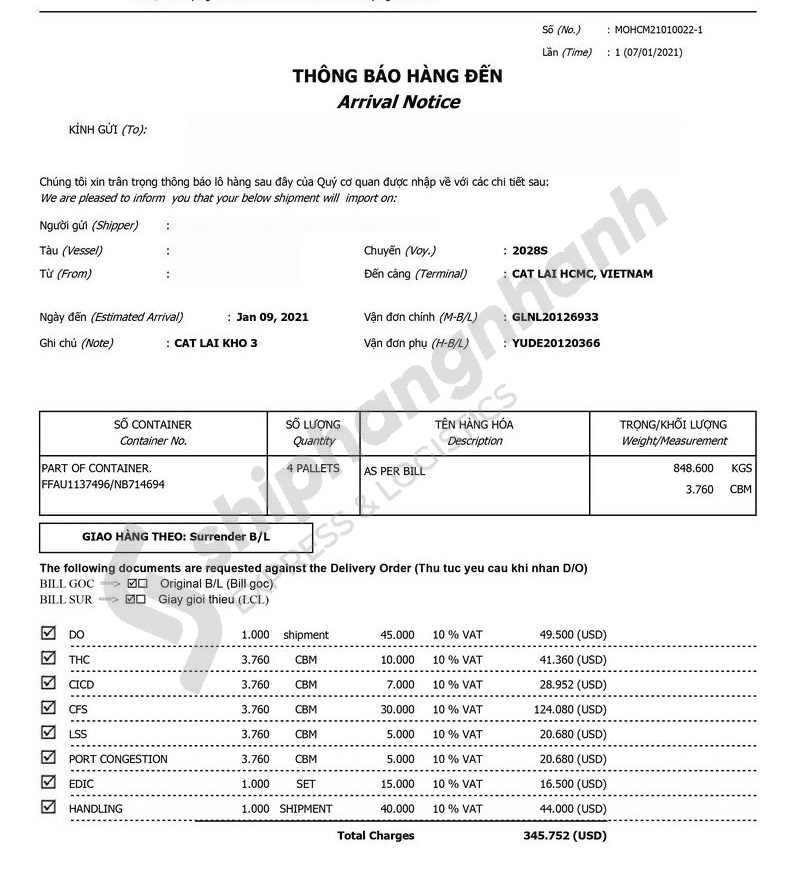 mau giay thong bao arrival notice